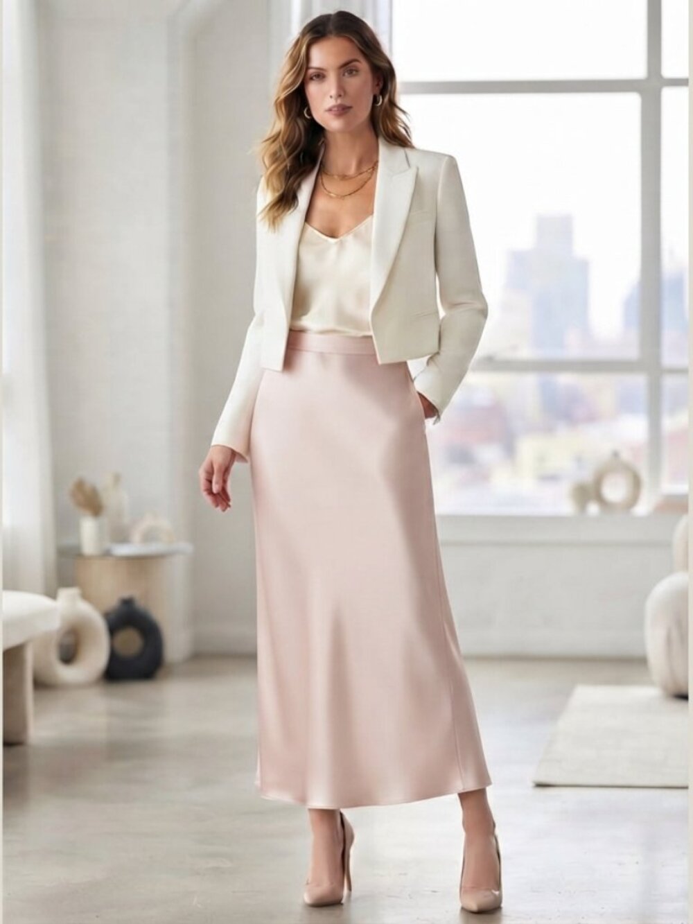 Dana Buchman Vintage 100% Silk Pleated Maxi Column Skirt Blush Pink - Size 4